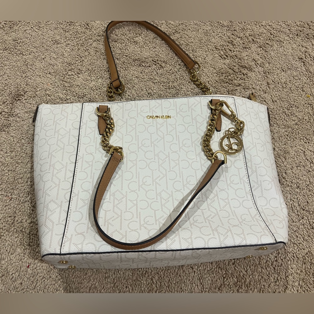 Calvin Klein Monogram White and Tan Shoulder Bag